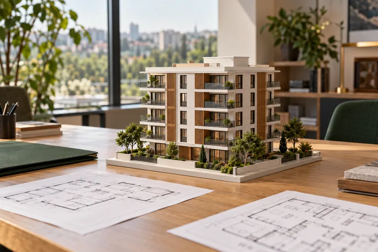 Mimari çizimler arasında bulunan apartman maketi